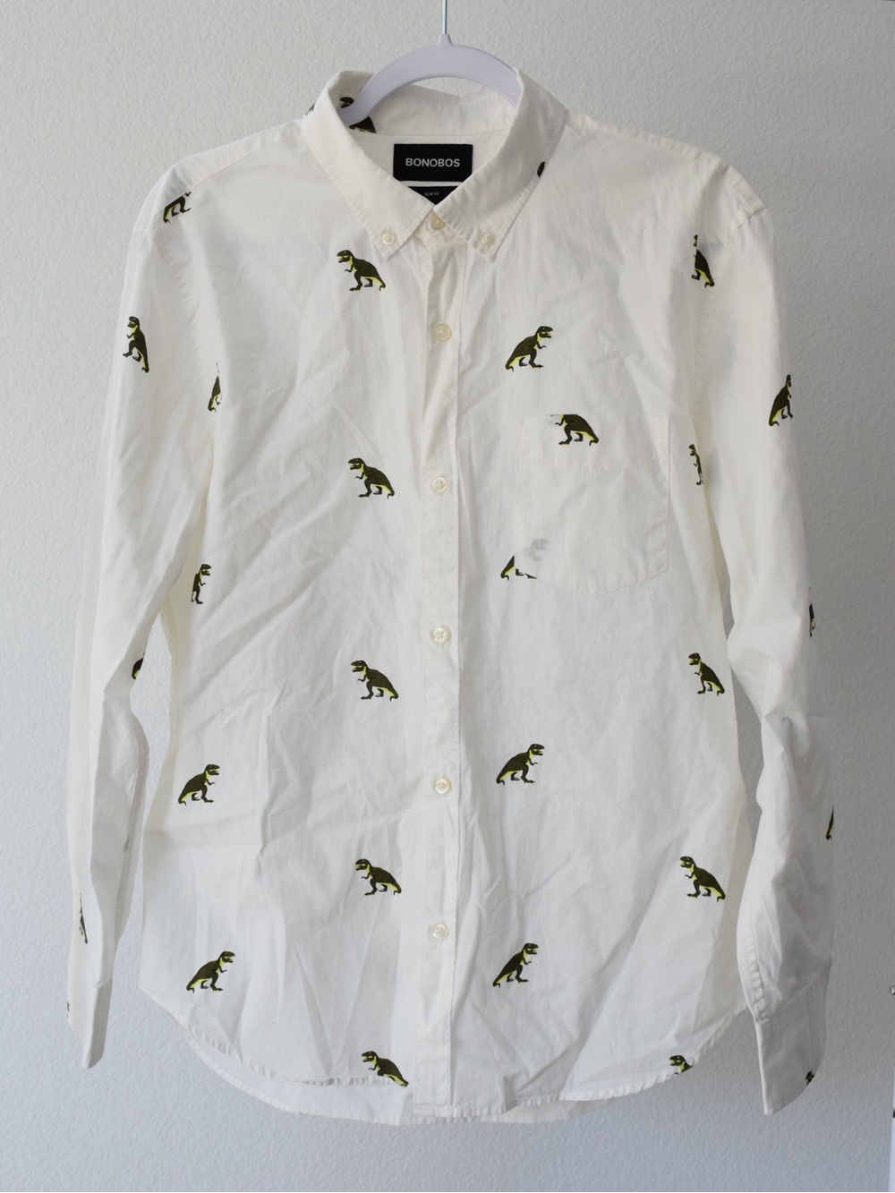 Bonobos Large White Button-Down Shirt with Olive Dino Motif